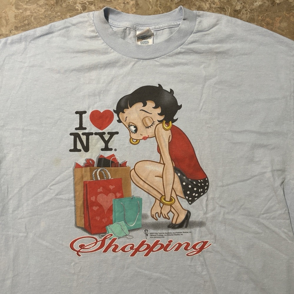 Vintage Betty Boop Shirt Mens XL Baby Blue Short Sleeve Tee NYC Shopping Y2K